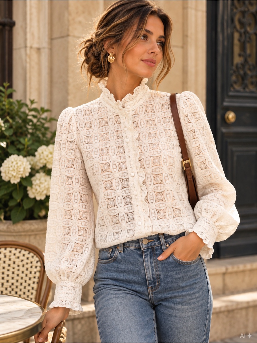 Sézane Ivory Lace Ruffle Blouse Puff Sleeve Victorian Romantic Top size 36 US 4